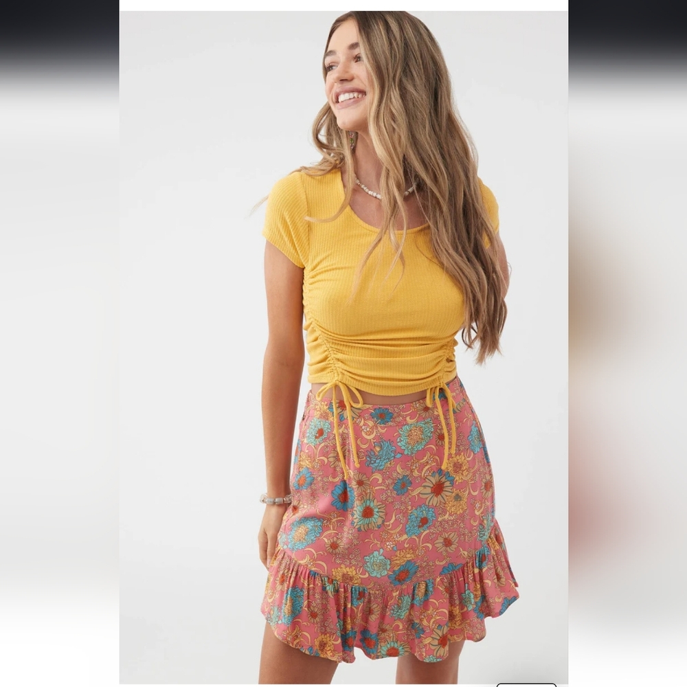 O'Neill Coral Floral Flowy Mini Skater Ruffle Skirt Florals Flowers Blue Yellow